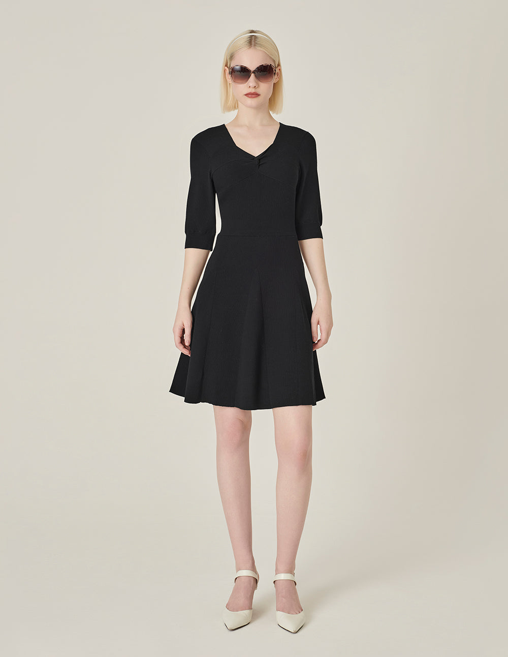 MARYLING Black V-Neck Mid-Sleeve Knitted Dress