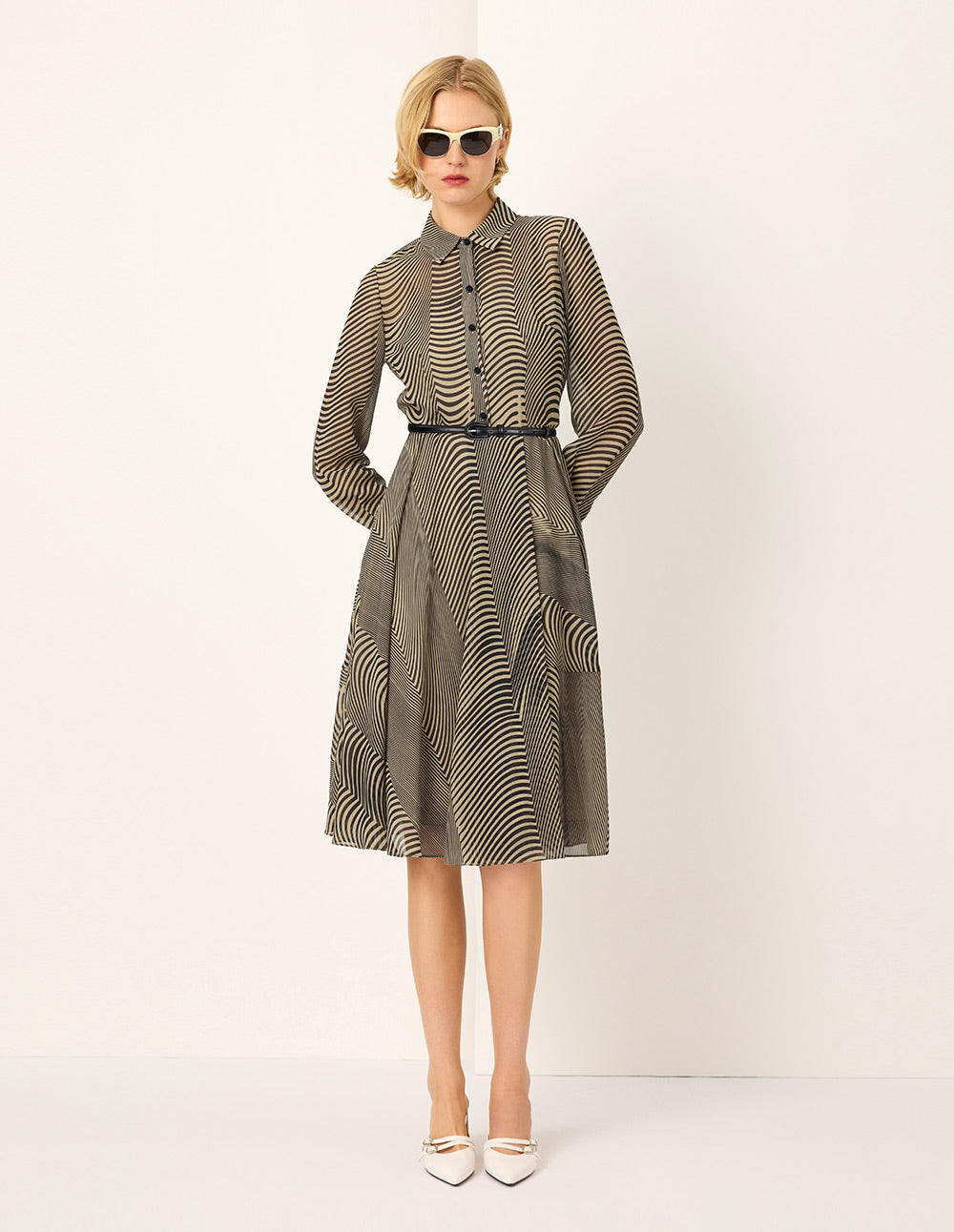 MARYLING Black Striped Print Midi Shirt Dress