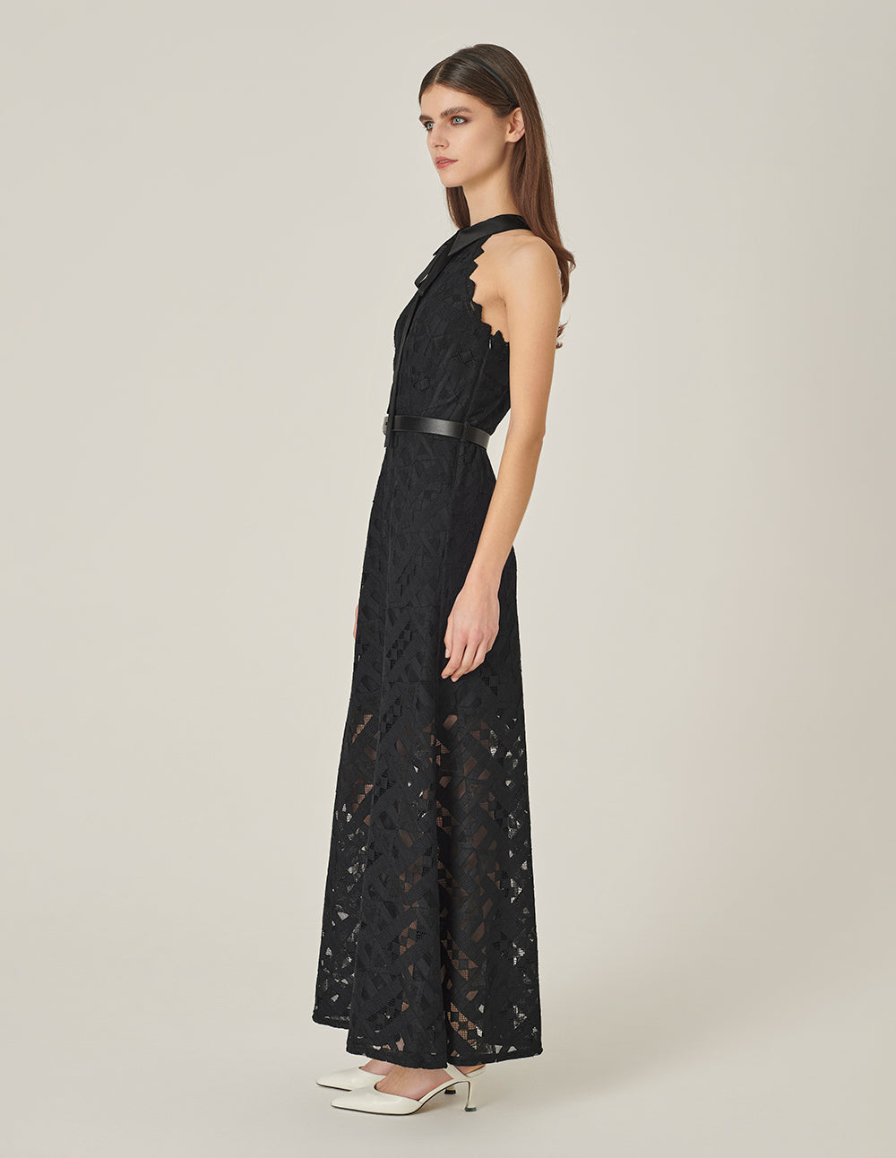 MARYLING Black Small Lapel Off-Shoulder Lace Fishtail Dress